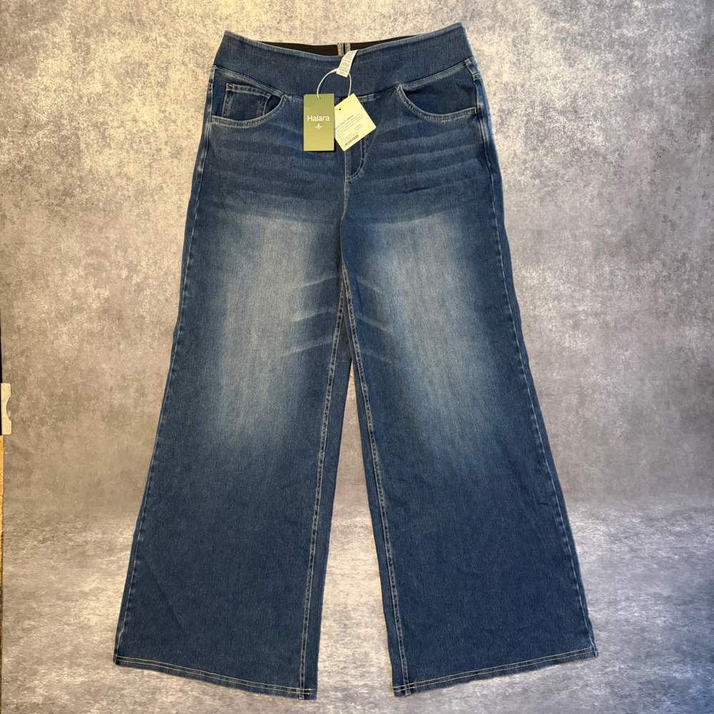 Halara Flex Wide Leg Denim Jeans NWT L Blue High Waisted Pull On Stretch Comfy